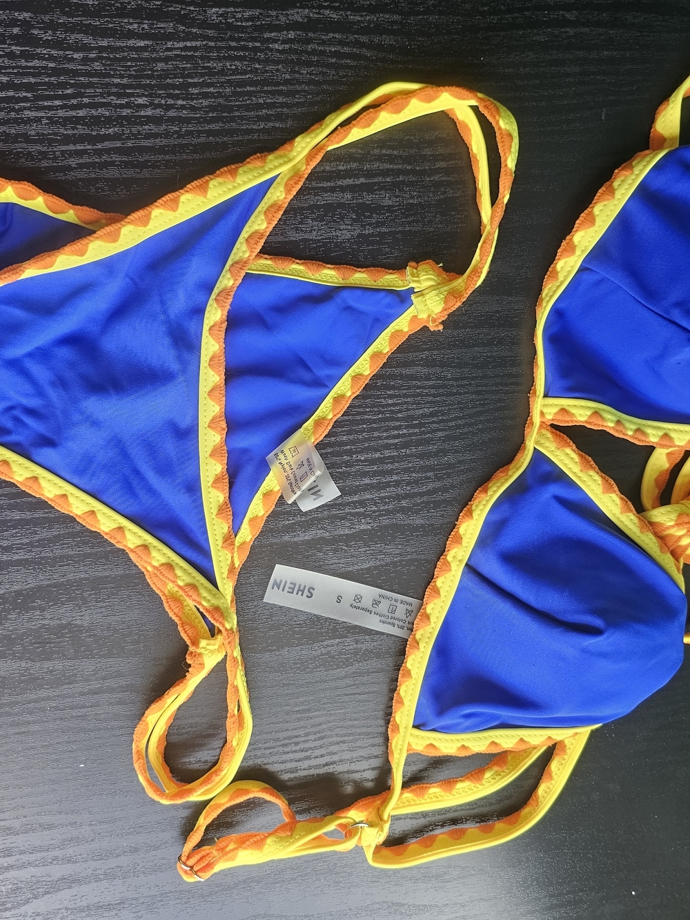 SHEIN Blue Triangle Bikini with Yellow-Orange Trim  size S